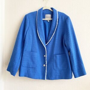 GRAVER Susan Graver Sky Blue Tweed‎ Shawl Collar Blazer Jacket Fray Trim Sz 20W